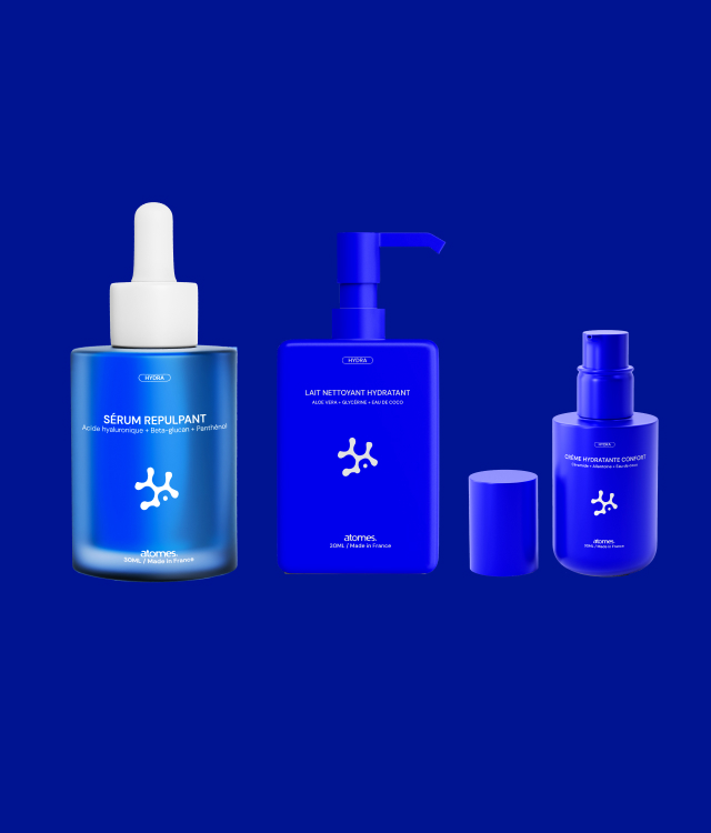 Photo des produits de la gamme hydra de la marque de skincare made in France ATOMES