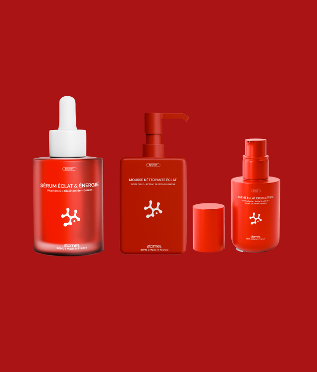 Photo des produits de la gamme boost de la marque de skincare made in France ATOMES